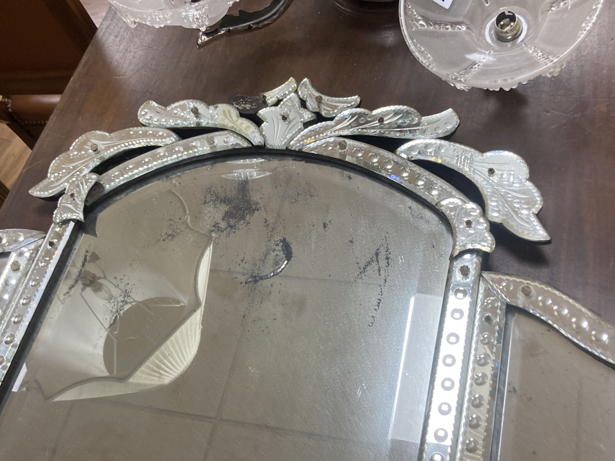 A Venetian glass triple dressing table mirror, width 88cm, height 63cm